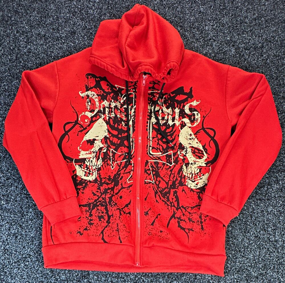 ROMWE Red Skull Graphic Zip Up Hoodie Mens M Y2K Gothic Emo Streetwear